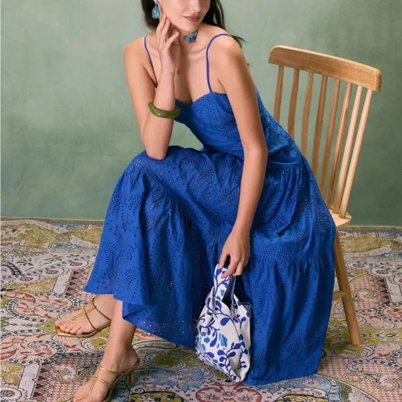 Rihoas Blue Sweetheart Neck Embroidery Slip Midi Dress - Picture 3 of 8